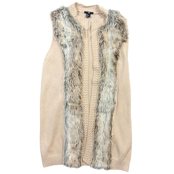 H&M Gilet Jacket Women's Medium Beige Knit Faux Fur Sleeveless Open Front Stitch - Picture 1 of 8